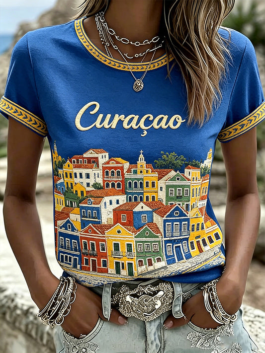 Dames landschap print casual T-shirt