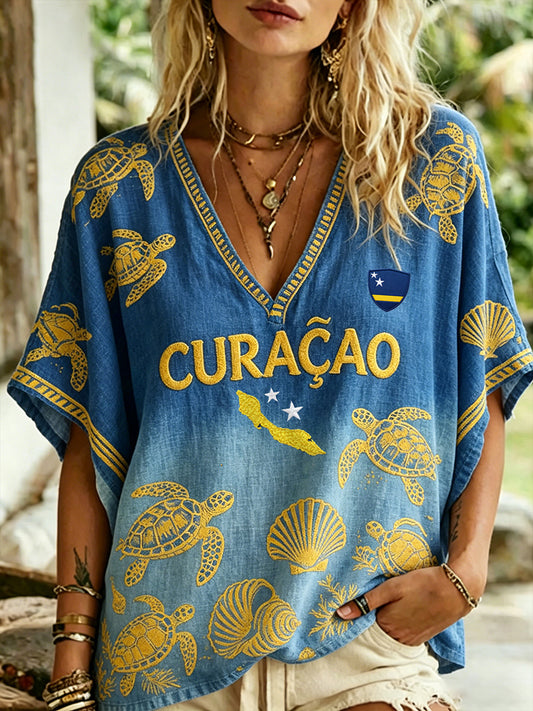 Retro landschappelijke print casual V-hals top voor dames