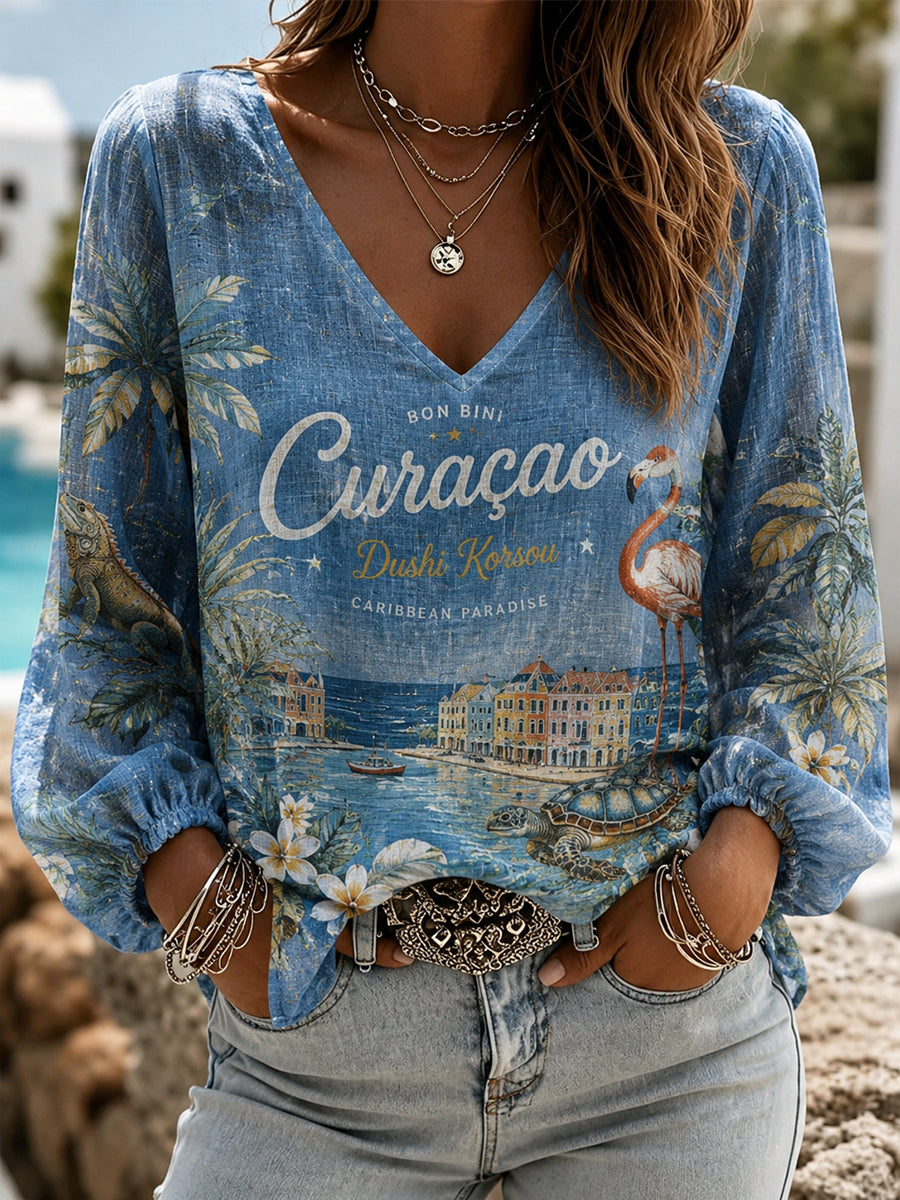 Casual damestop met V-hals en print met eilandvakantie-thema