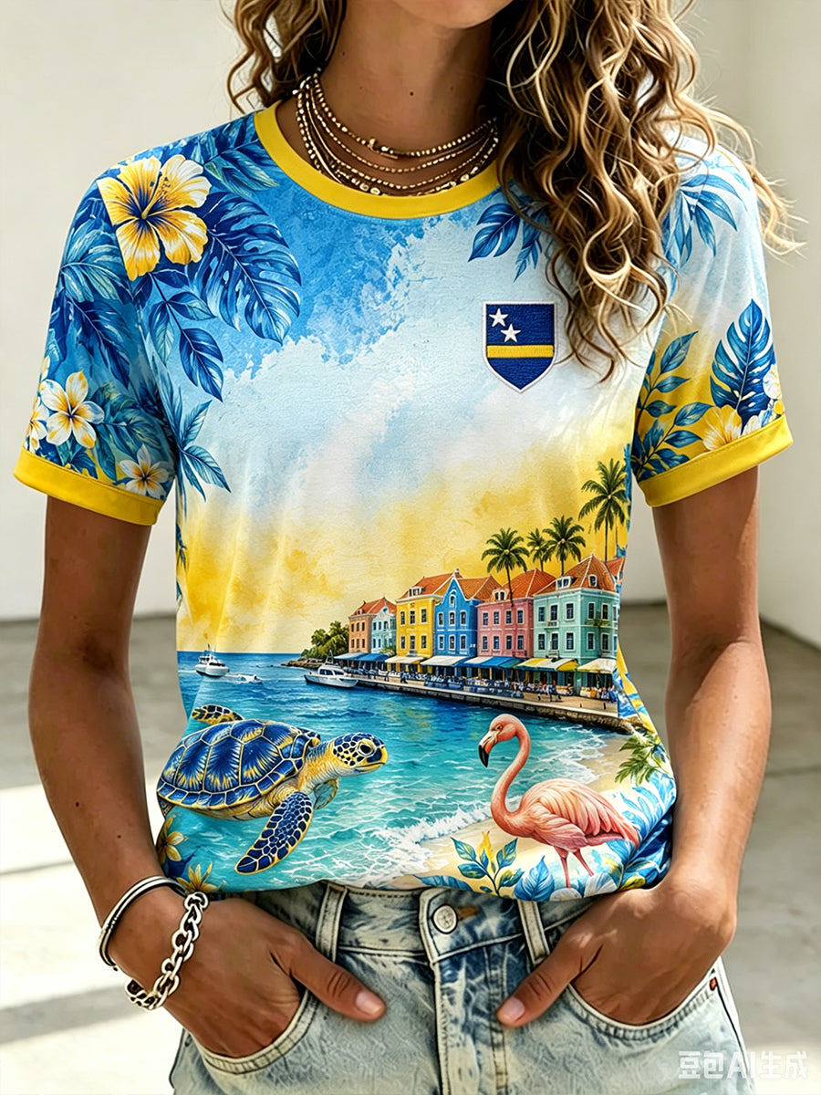 Kunst-T-shirt in vakantiestijl voor vrouwen op een eiland