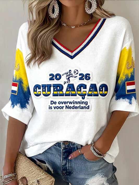 Dameswit 2026 Nederlands voetbal Curaçao-print casual T-shirt