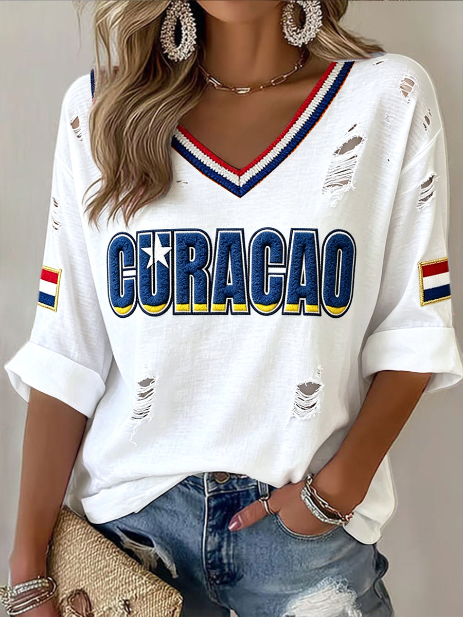 Wit Nederlands voetbal-T-shirt voor dames van Curaçao met verweerde print, casual stijl