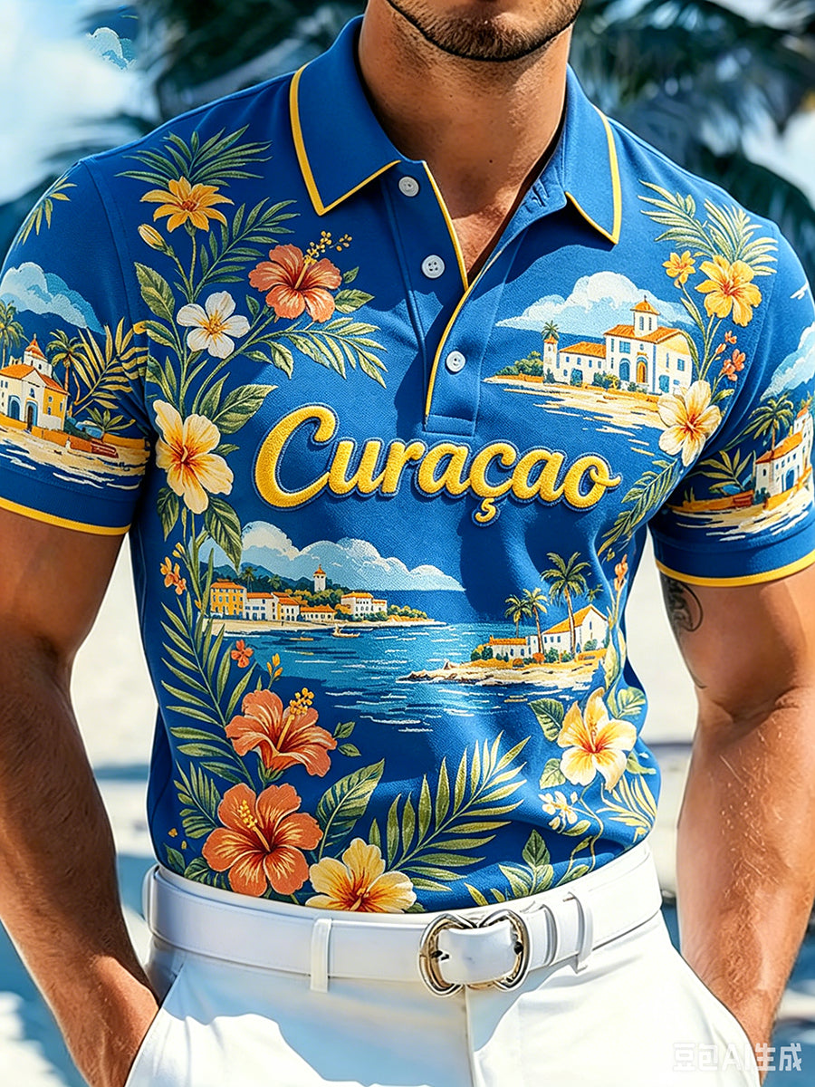 Kunstzinnig poloshirt met korte mouwen in herenstijl voor een vakantie op het eiland