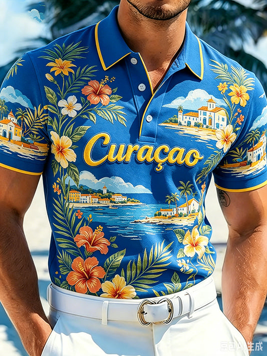 Kunstzinnig poloshirt met korte mouwen in herenstijl voor een vakantie op het eiland