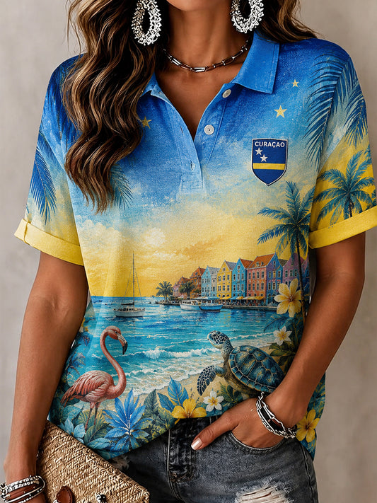 Artistiek poloshirt met korte mouwen in vakantiestijl voor vrouwen, geïnspireerd door eilandleven