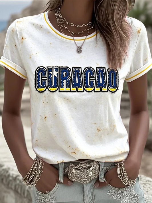 Dames Wit Nederlands Voetbal Curaçaos Retro Print Casual T-shirt