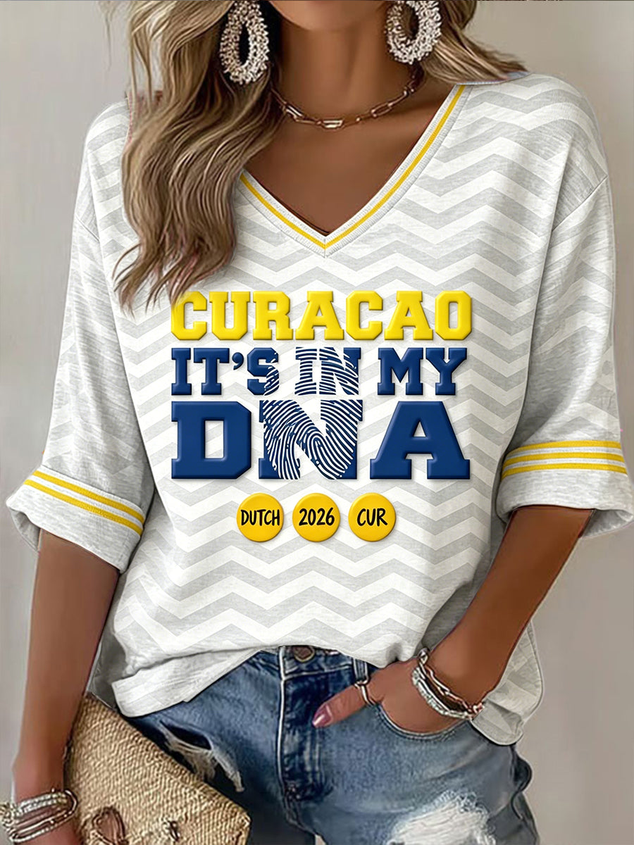 Dames Nederlands Voetbal Curaçao Gestreepte print casual V-hals T-shirt