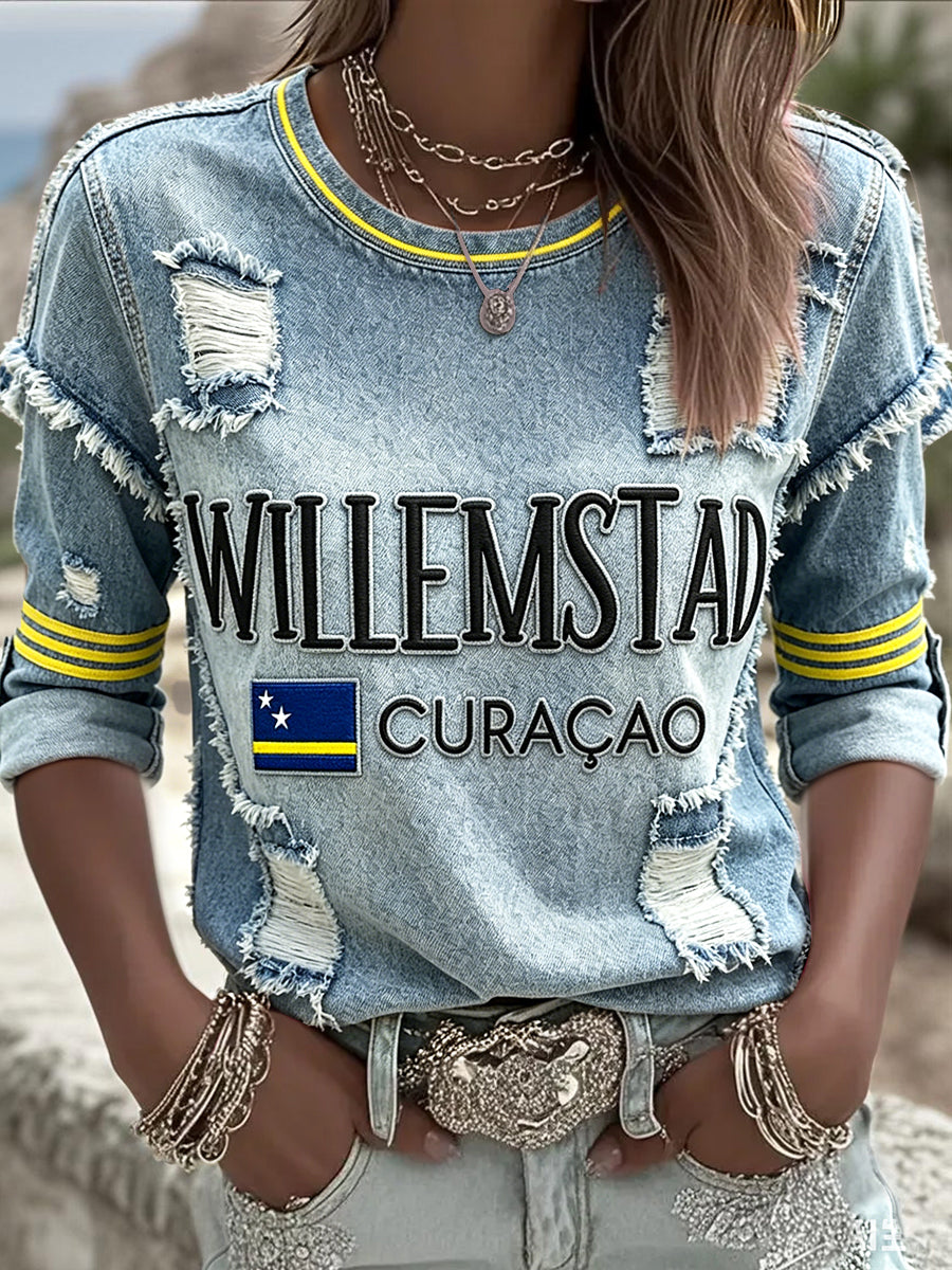 Dames Nederlandse Voetbal Curaçaos Denim-Effect Gescheurde Print Casual T-shirt met lange mouwen