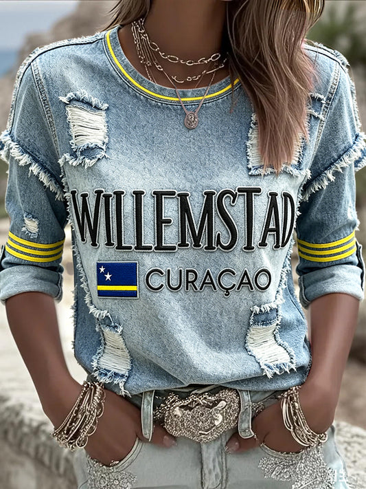 Dames Nederlandse Voetbal Curaçaos Denim-Effect Gescheurde Print Casual T-shirt met lange mouwen