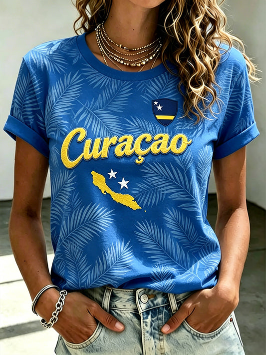 Eilandstijl bedrukt T-shirt met korte mouwen voor dames