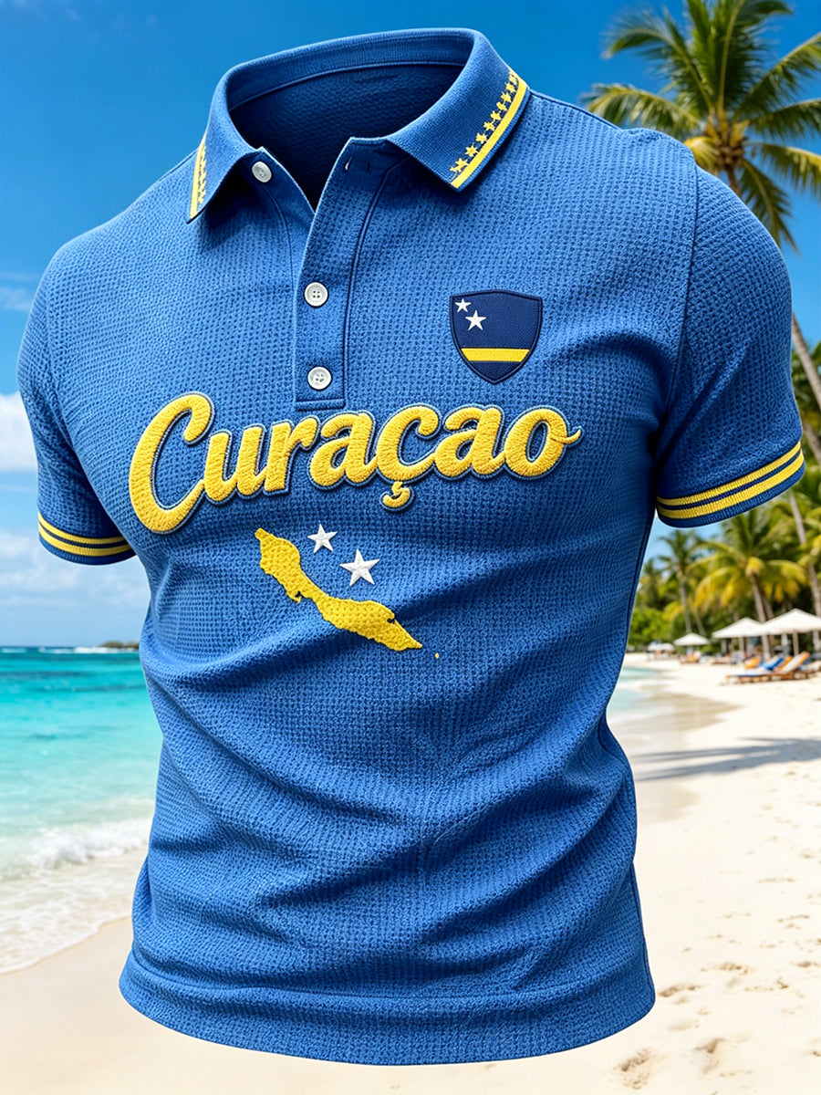 Herenjurk in eilandstijl met print, gewafeld patroon en korte mouwen, poloshirt