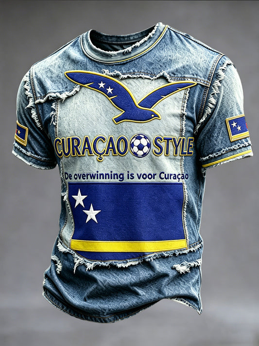 Curaçao Football-geïnspireerde denim-effect patchwork 3D-geprint blauw casual T-shirt