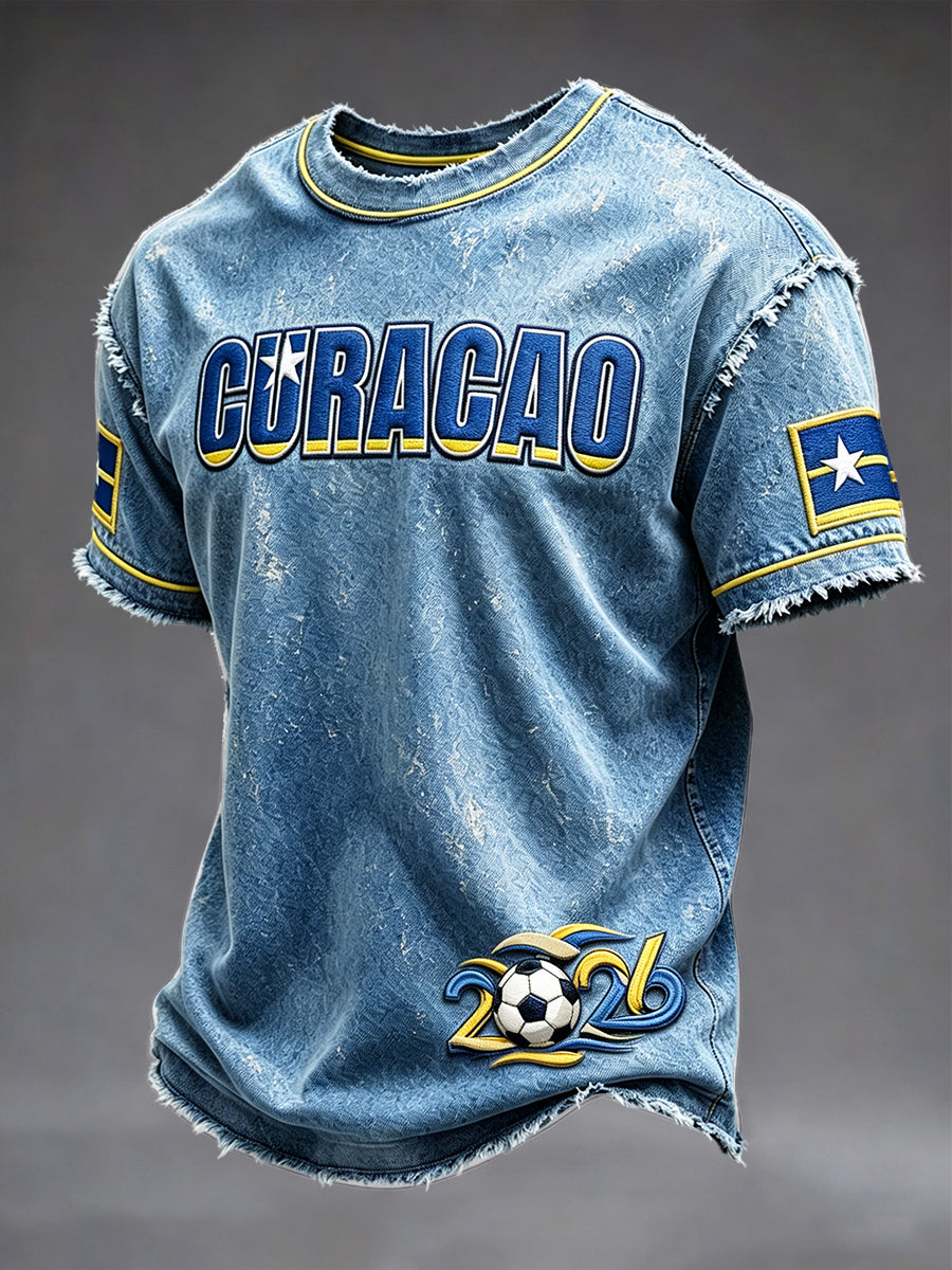 Curaçao Football-geïnspireerde denimprint blauw casual T-shirt voor heren