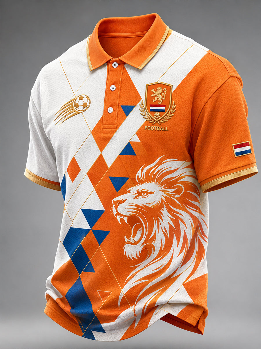 Casual poloshirt voor heren met voetbalthema en leeuwenprint, korte mouwen