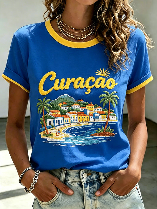 Dames-T-shirt met korte mouwen en print in vakantiestijl voor op een eiland