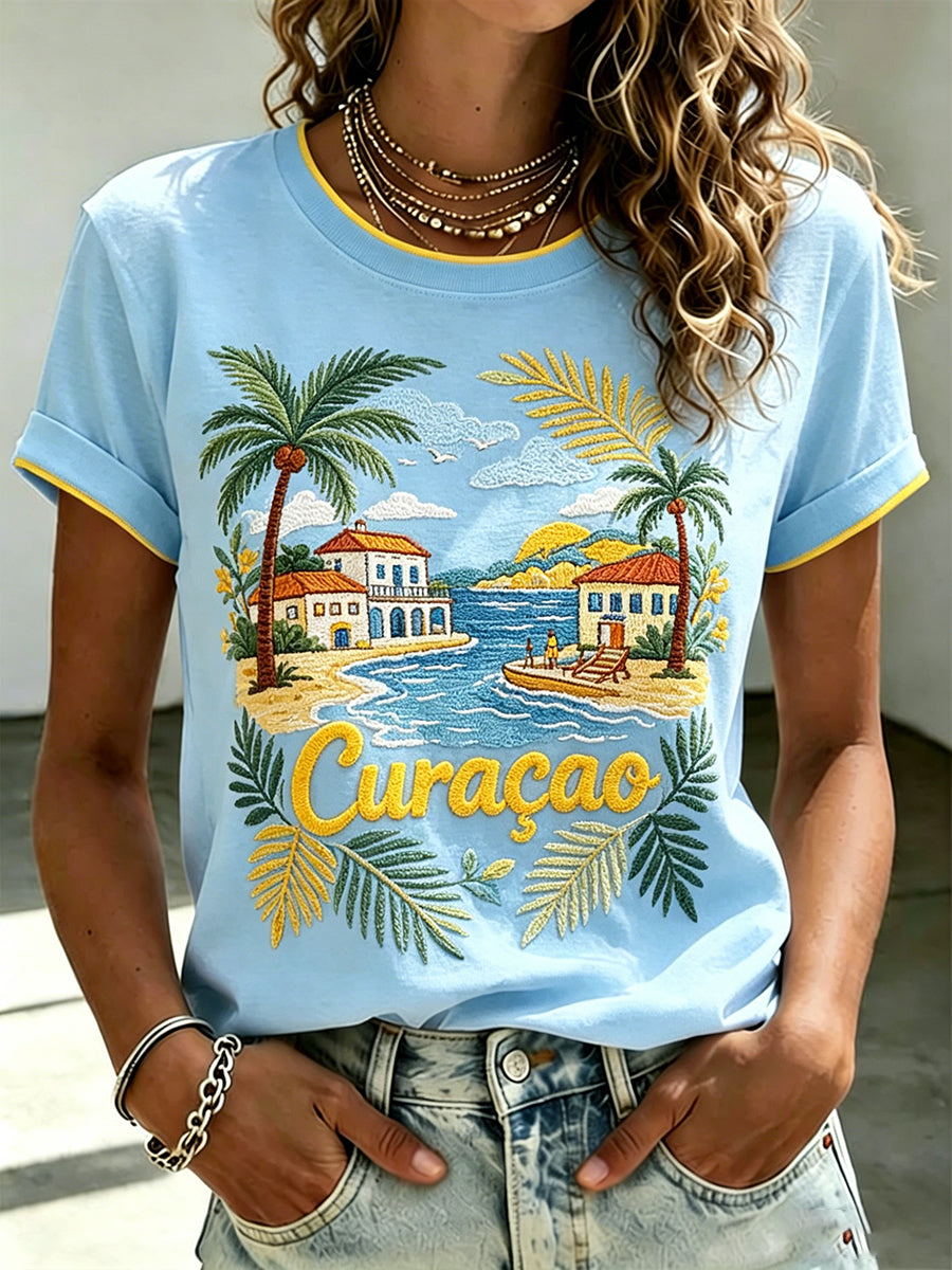 Dames-T-shirt met korte mouwen en print in vakantiestijl voor op een eiland