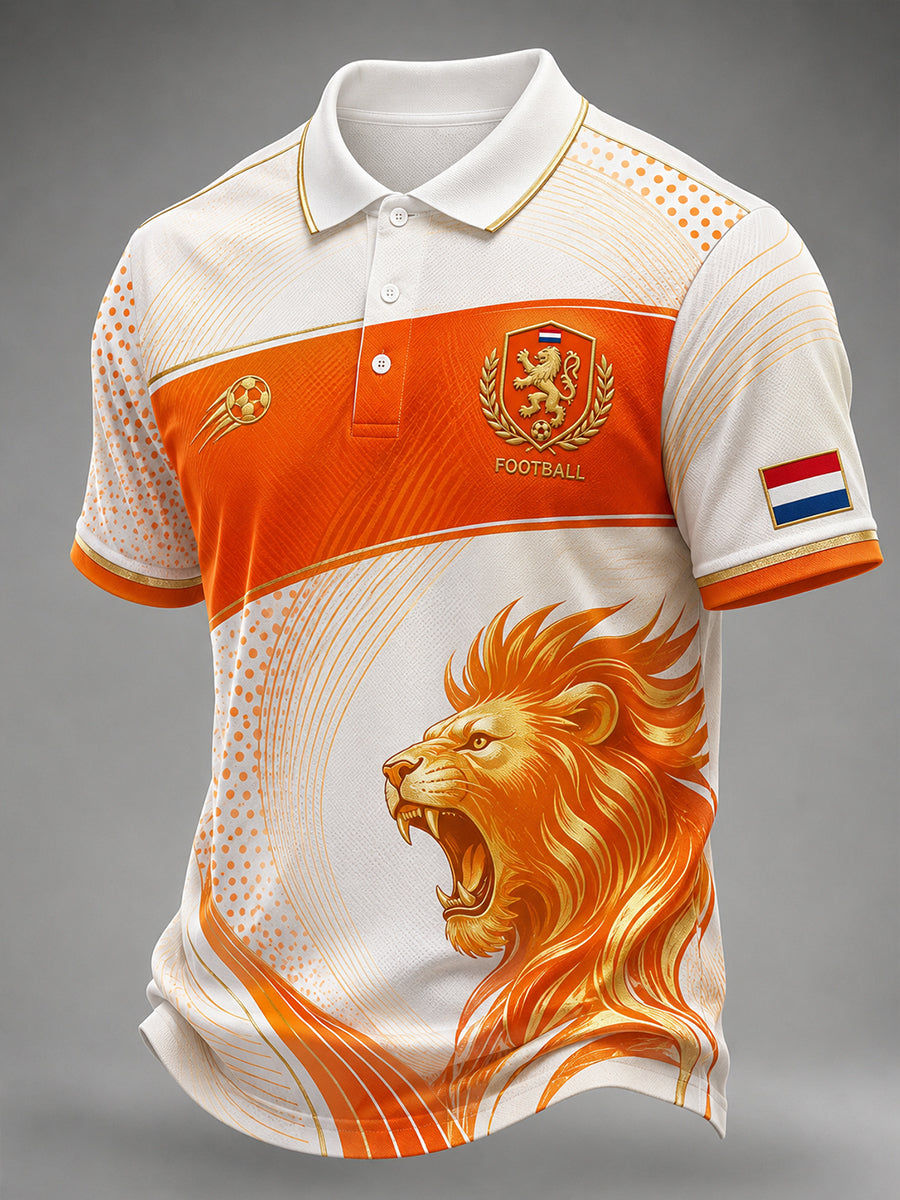Casual poloshirt voor heren met voetbalthema en leeuwenprint, korte mouwen