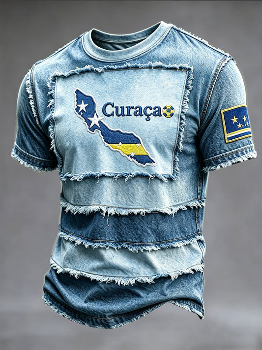 Curaçao denim patchwork voetbal print casual T-shirt