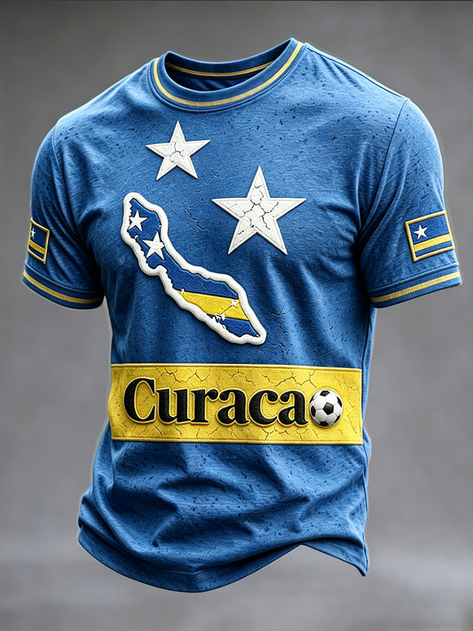 Curaçao voetbalprint blauw casual t-shirt voor heren