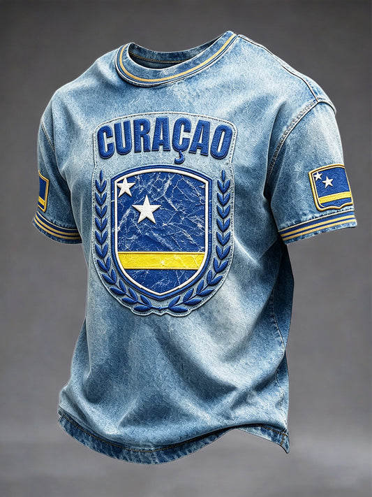 Curaçao vlag denim patchwork print casual T-shirt