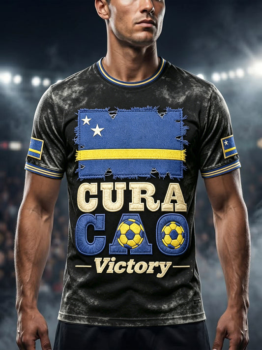 Zwart vintage curaçao voetbalprint casual t-shirt voor heren