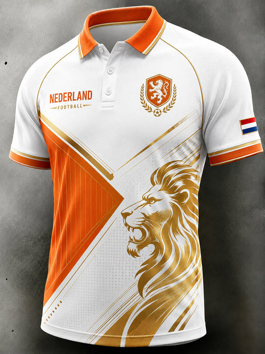 Herenpoloshirt met korte mouwen en print van een leeuw en een voetbal