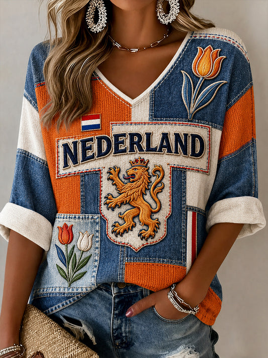 Dames Leeuw Bloemen Patchwork Print V-hals Top