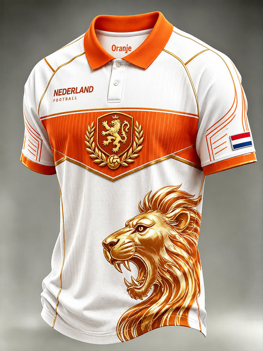 Herenpoloshirt met korte mouwen en print van een leeuw en een voetbal