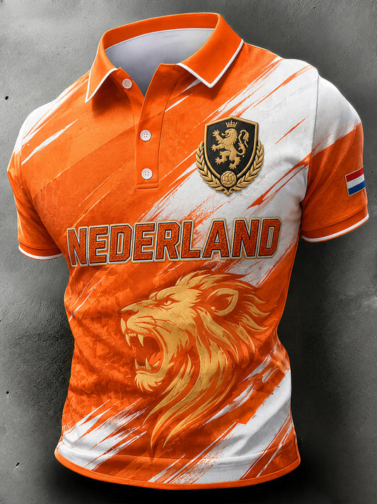 Herenpoloshirt met korte mouwen en leeuw en voetbalprint