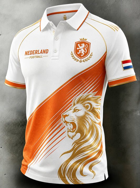 Herenpoloshirt met korte mouwen en print van een leeuw en een voetbal