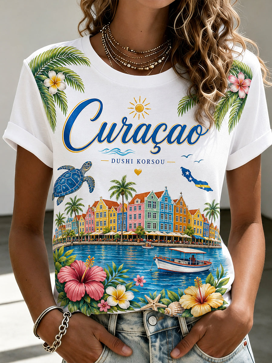 Eilandthema bedrukt T-shirt met korte mouwen voor dames