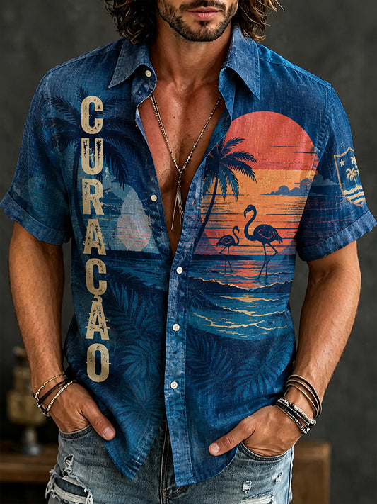 Heren eiland vakantie print casual shirt met korte mouwen