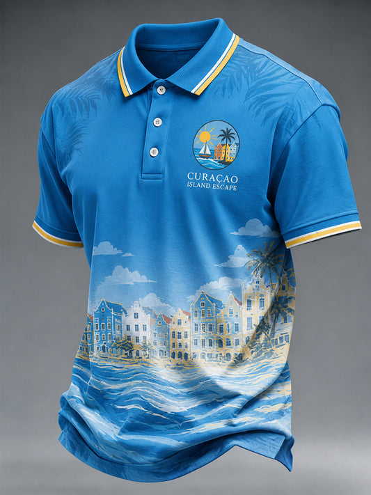 Casual poloshirt met korte mouwen en vakantieprint voor heren, met eilandmotief