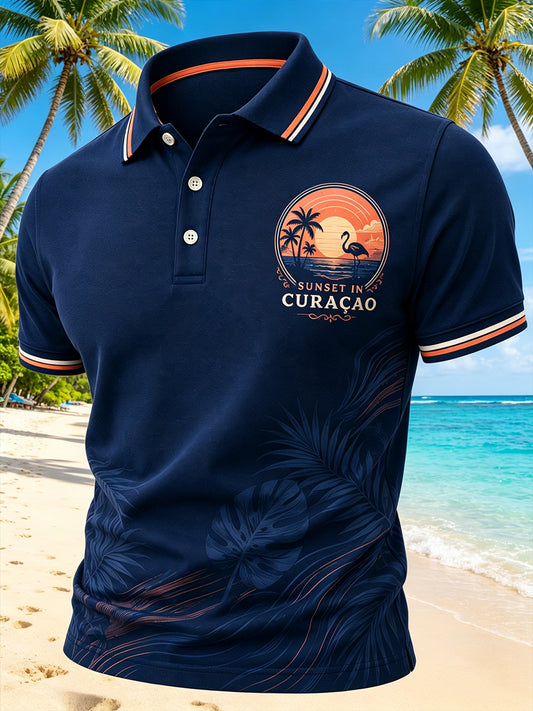 Hereneiland vakantie print casual poloshirt met korte mouwen
