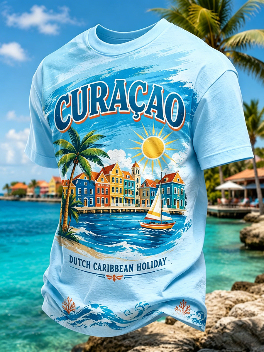 Heren T-shirt voor op vakantie op een eiland, casual, met korte mouwen en print