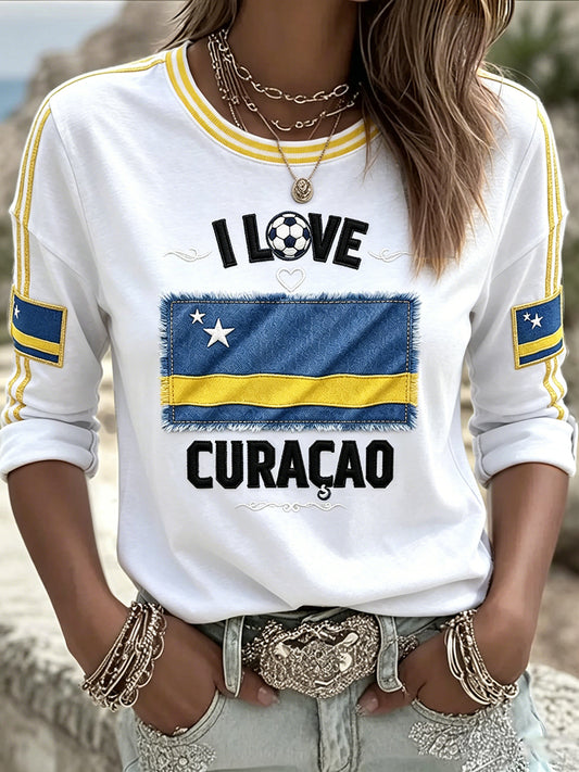 Vrouwen Wit Curaçao Voetbal 3D Gedrukt Casual T-shirt met lange mouwen