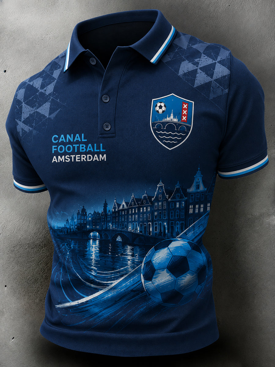 Herenpoloshirt met korte mouwen en voetbalprint