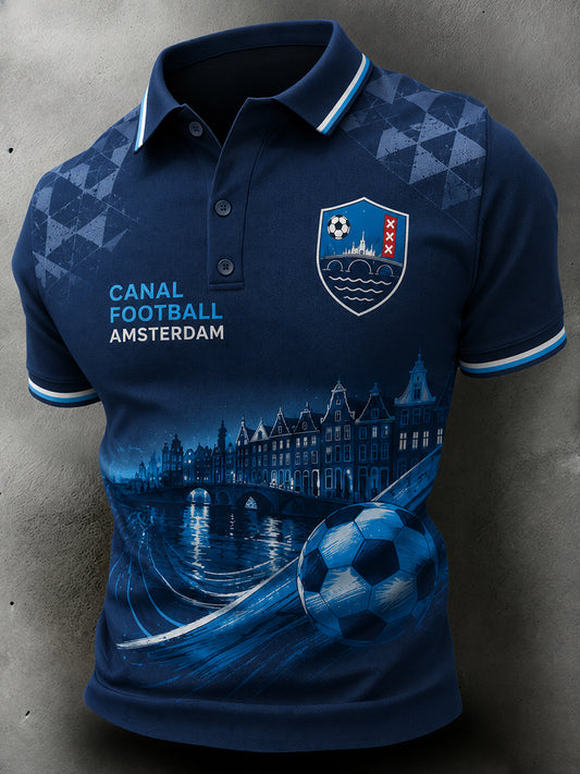 Herenpoloshirt met korte mouwen en voetbalprint