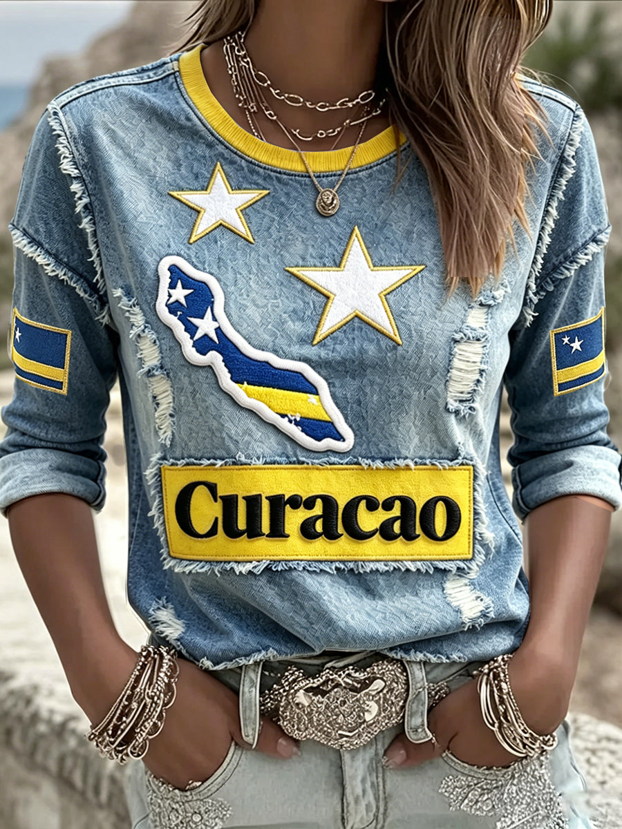 Curaçao Football Denim-Effect Noodruste print T-shirt met lange mouwen