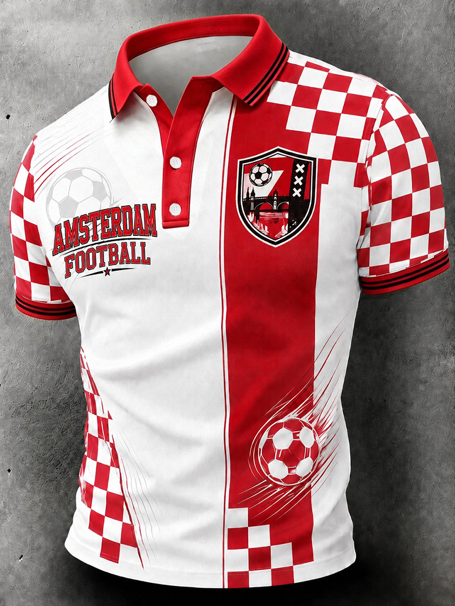 Herenpoloshirt met korte mouwen en voetbalprint