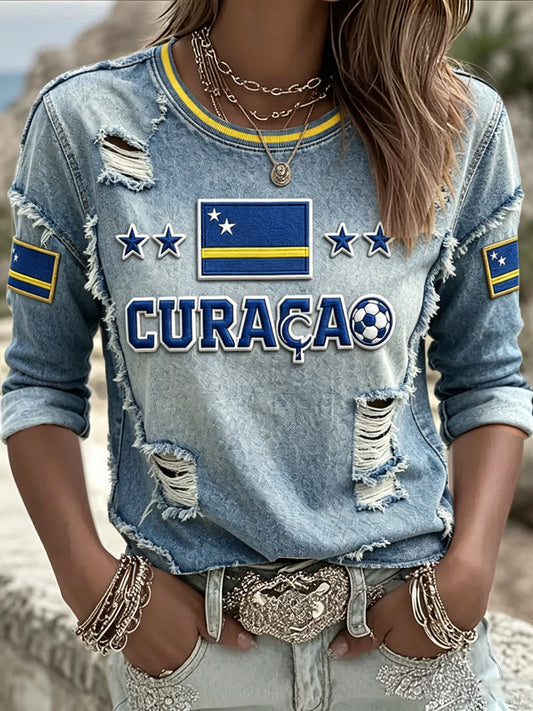 Curaçao dames met ontruste denim-effect print T-shirt met lange mouwen