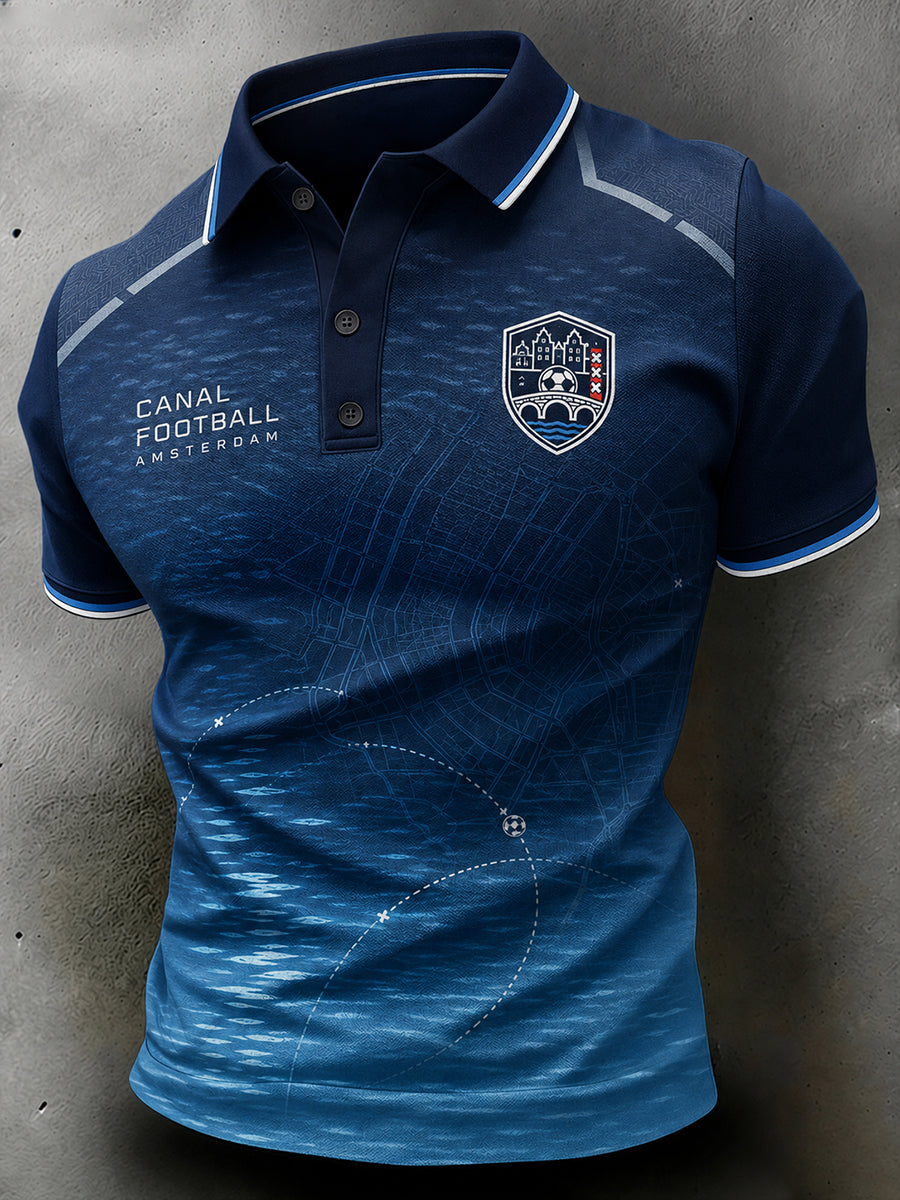 Herenpoloshirt met korte mouwen en voetbalprint