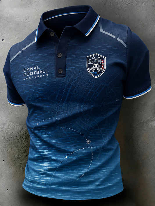 Herenpoloshirt met korte mouwen en voetbalprint