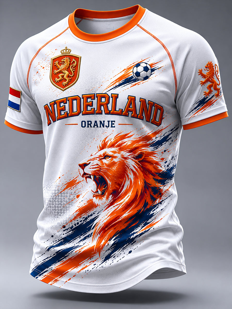 Heren T-shirt met leeuwenvoetbalkunstprint en raglanmouwen