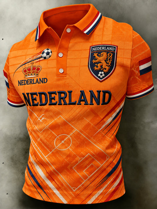 Herenpoloshirt met leeuwenvoetbalkunstprint en korte mouwen