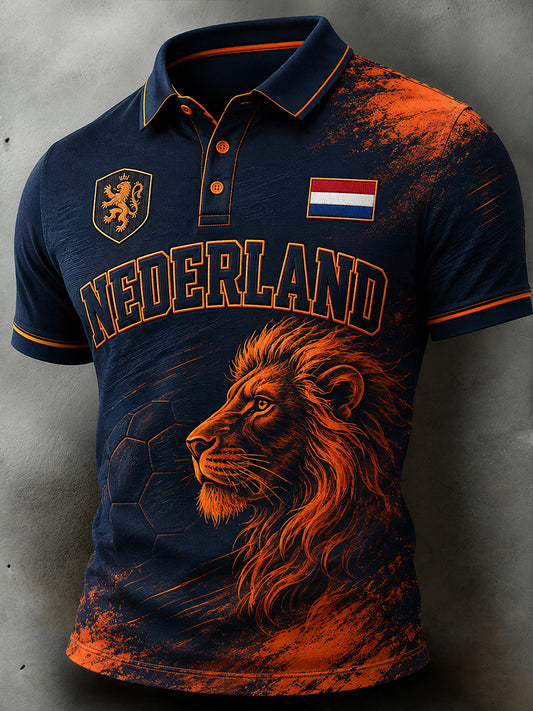 Herenpoloshirt met leeuwenvoetbalkunstprint en korte mouwen