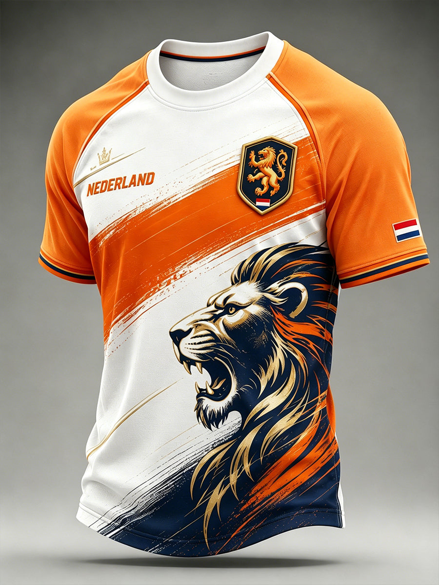 Heren T-shirt met leeuwenvoetbalkunstprint en raglanmouwen
