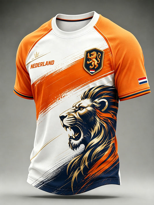Heren T-shirt met leeuwenvoetbalkunstprint en raglanmouwen