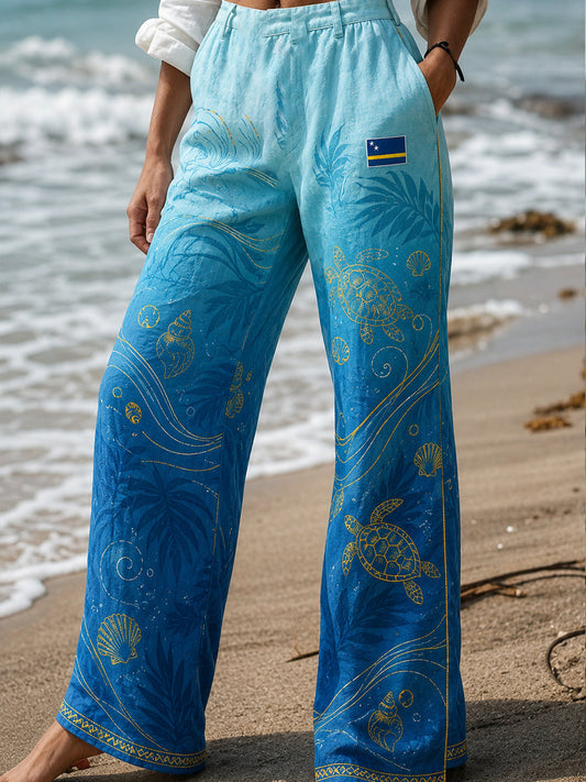 Damesvakantiebroek met print voor aan het strand, lang model
