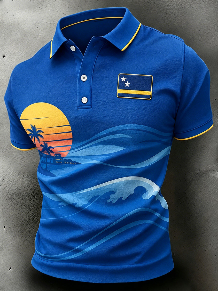 Herenpoloshirt met korte mouwen en vakantieprint van eilanden